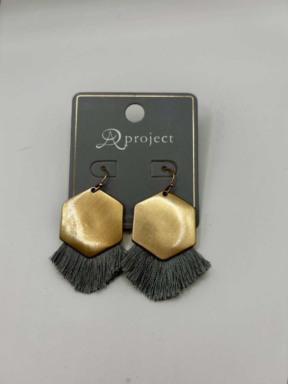 Gold Hexagon Earrings with Gray Fringe